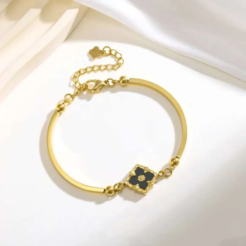 Gold Four Leaf Clover Teal Enamel Bangle Bracelet - Bangle - 18k Gold Plated Waterproof Jewellery - Collection 9