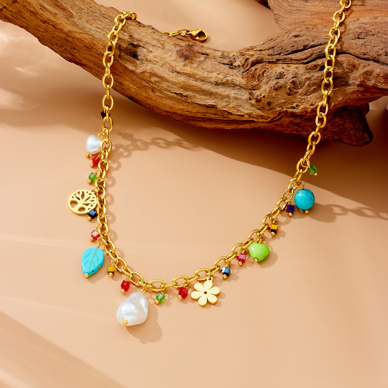 Multicolour Floral Charm Necklace - Necklace - 18k Gold Plated Waterproof Jewellery - Collection 9