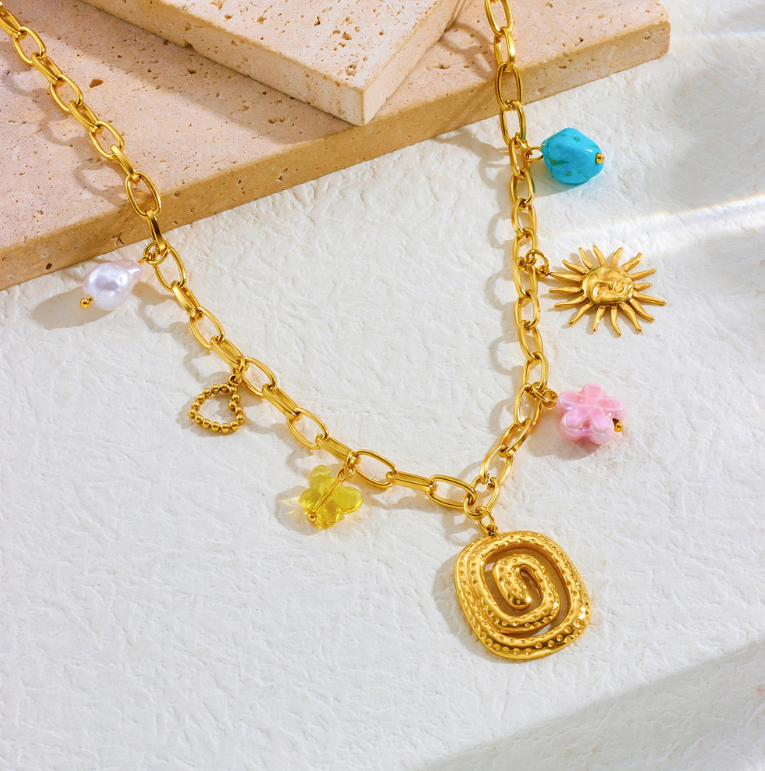 Sun Butterfly Spiral Multi Charm Necklace - Necklace - 18k Gold Plated Waterproof Jewellery - Collection 9
