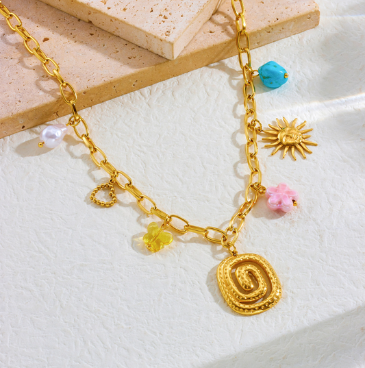 Sun Butterfly Spiral Multi Charm Necklace - Necklace - 18k Gold Plated Waterproof Jewellery - Collection 9