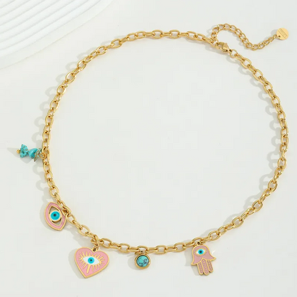 Evil Eye Hamsa Pink Enamel Charm Necklace - Necklace - 18k Gold Plated Waterproof Jewellery - Collection 9