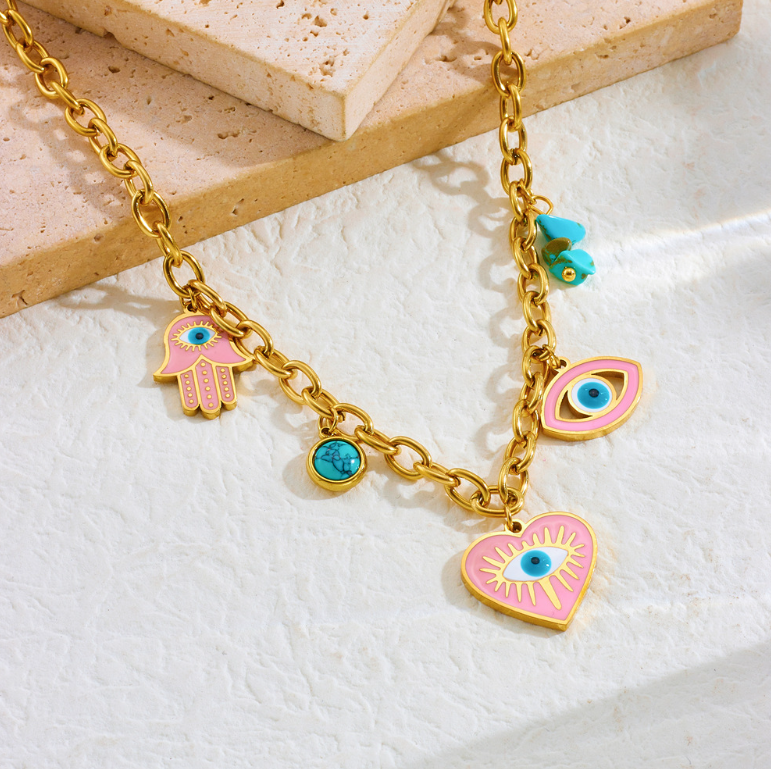 Evil Eye Hamsa Pink Enamel Charm Necklace - Necklace - 18k Gold Plated Waterproof Jewellery - Collection 9