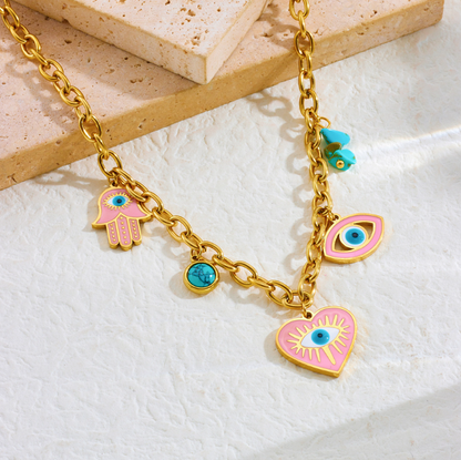 Evil Eye Hamsa Pink Enamel Charm Necklace - Necklace - 18k Gold Plated Waterproof Jewellery - Collection 9