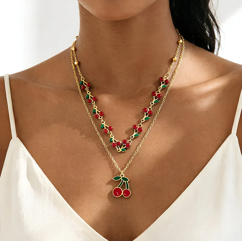 Cherry Heart Layered Charm Necklace - Necklace - 18k Gold Plated Waterproof Jewellery - Collection 9