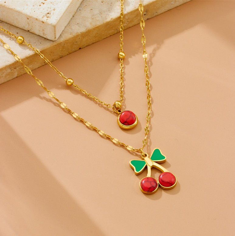 Cherry Bow Layered Necklace - Necklace - 18k Gold Plated Waterproof Jewellery - Collection 9