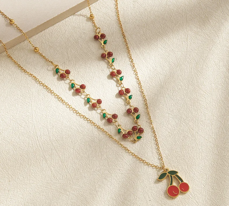 Cherry Heart Layered Charm Necklace - Necklace - 18k Gold Plated Waterproof Jewellery - Collection 9