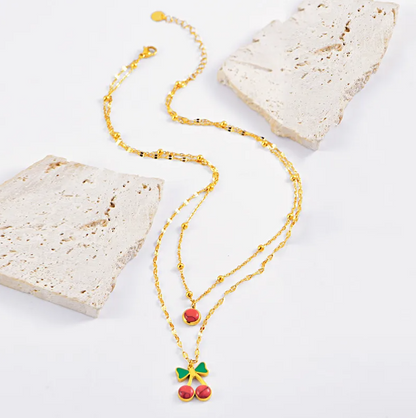 Cherry Bow Layered Necklace - Necklace - 18k Gold Plated Waterproof Jewellery - Collection 9