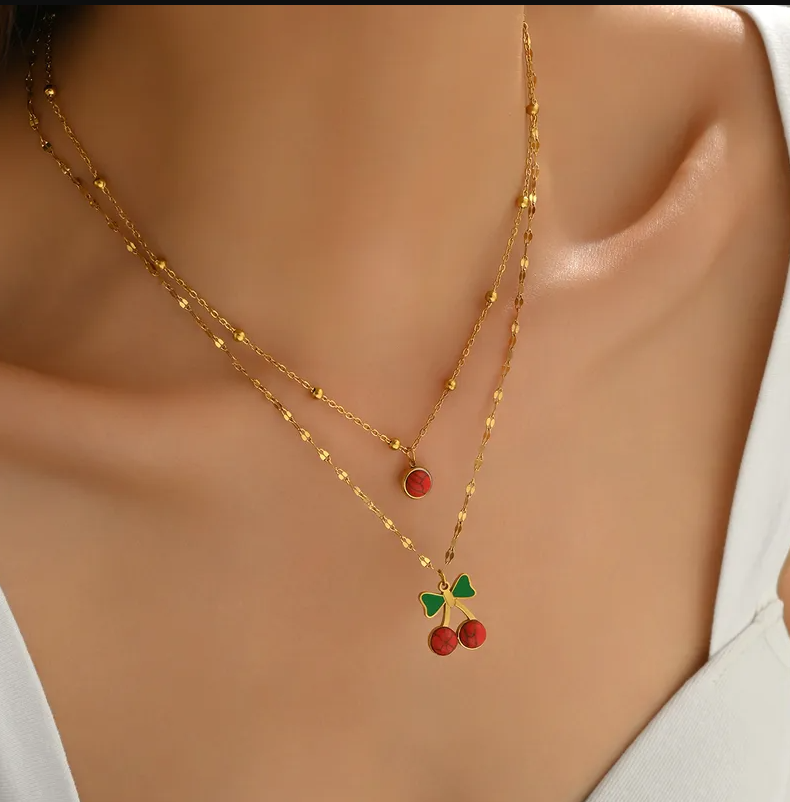 Cherry Bow Layered Necklace - Necklace - 18k Gold Plated Waterproof Jewellery - Collection 9