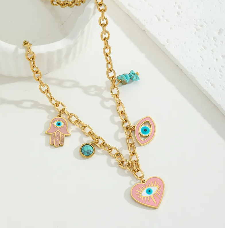 Evil Eye Hamsa Pink Enamel Charm Necklace - Necklace - 18k Gold Plated Waterproof Jewellery - Collection 9