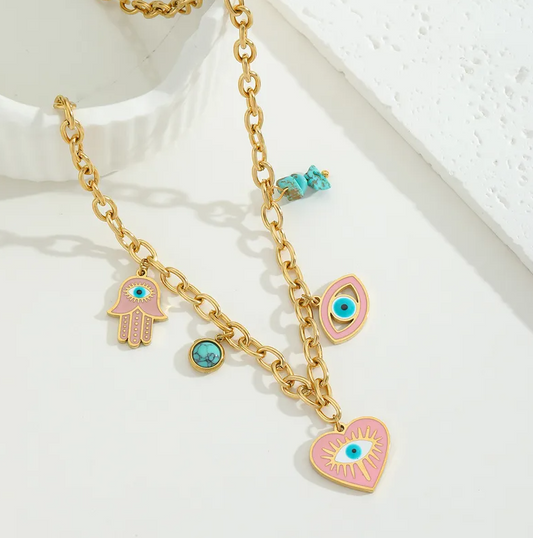 Evil Eye Hamsa Pink Enamel Charm Necklace - Necklace - 18k Gold Plated Waterproof Jewellery - Collection 9