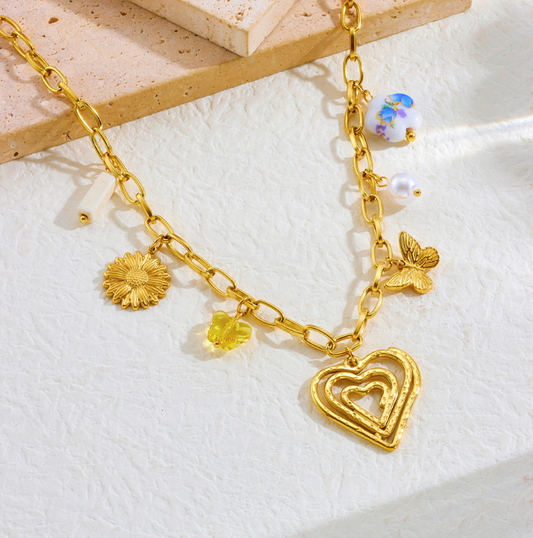Sunflower Butterfly Heart Charm Necklace - Necklace - 18k Gold Plated Waterproof Jewellery - Collection 9
