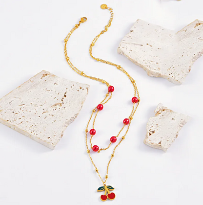 Cherry Red Pearl Layered Necklace - Necklace - 18k Gold Plated Waterproof Jewellery - Collection 9