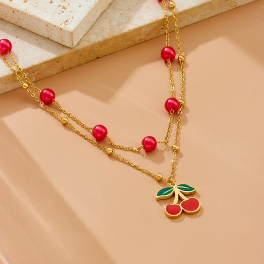 Cherry Red Pearl Layered Necklace - Necklace - 18k Gold Plated Waterproof Jewellery - Collection 9