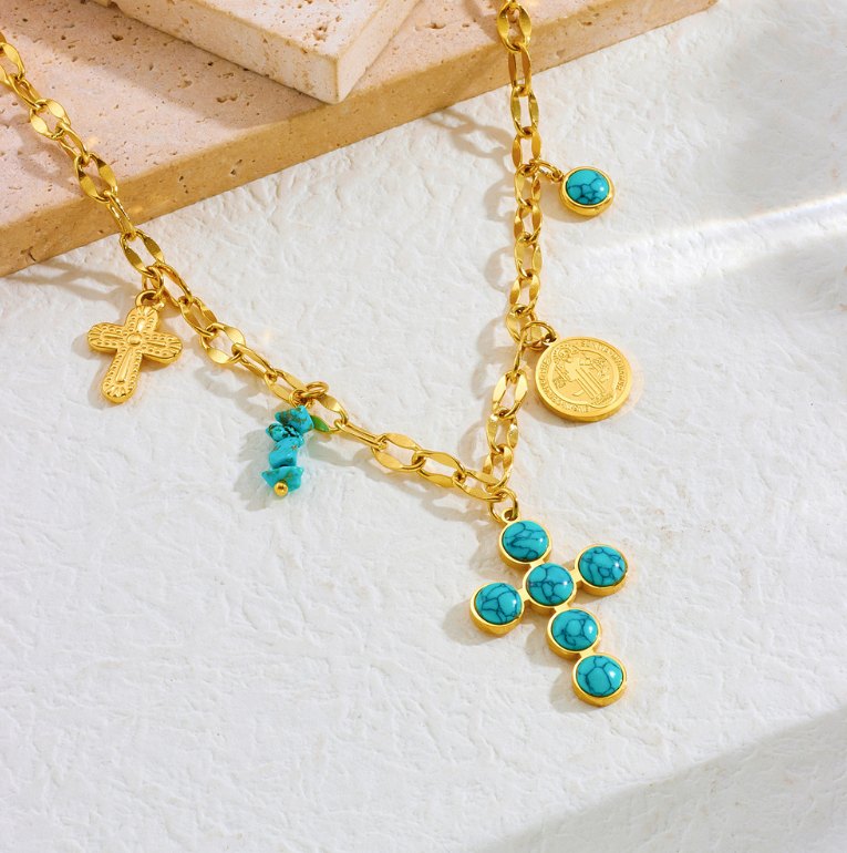 Turquoise Cross Coin Charm Necklace - Necklace - 18k Gold Plated Waterproof Jewellery - Collection 9
