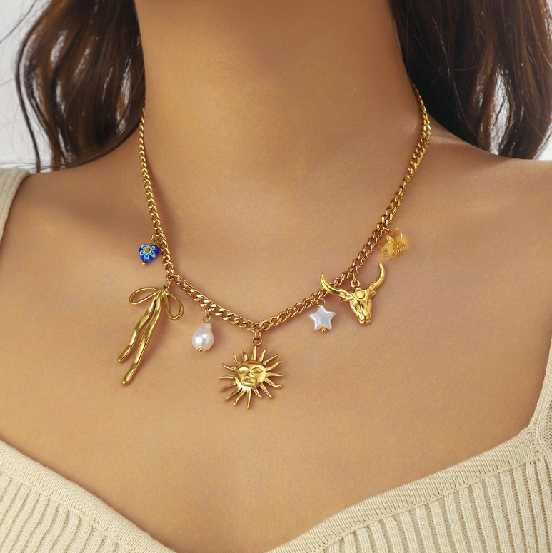 Sun Face Bow Bull Skull Charm Necklace - Necklace - 18k Gold Plated Waterproof Jewellery - Collection 9
