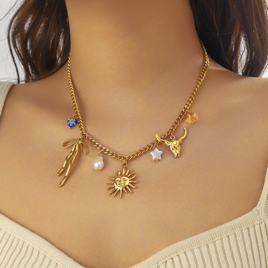 Sun Face Bow Bull Skull Charm Necklace - Necklace - 18k Gold Plated Waterproof Jewellery - Collection 9