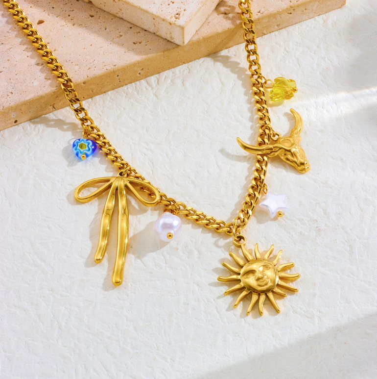 Sun Face Bow Bull Skull Charm Necklace - Necklace - 18k Gold Plated Waterproof Jewellery - Collection 9