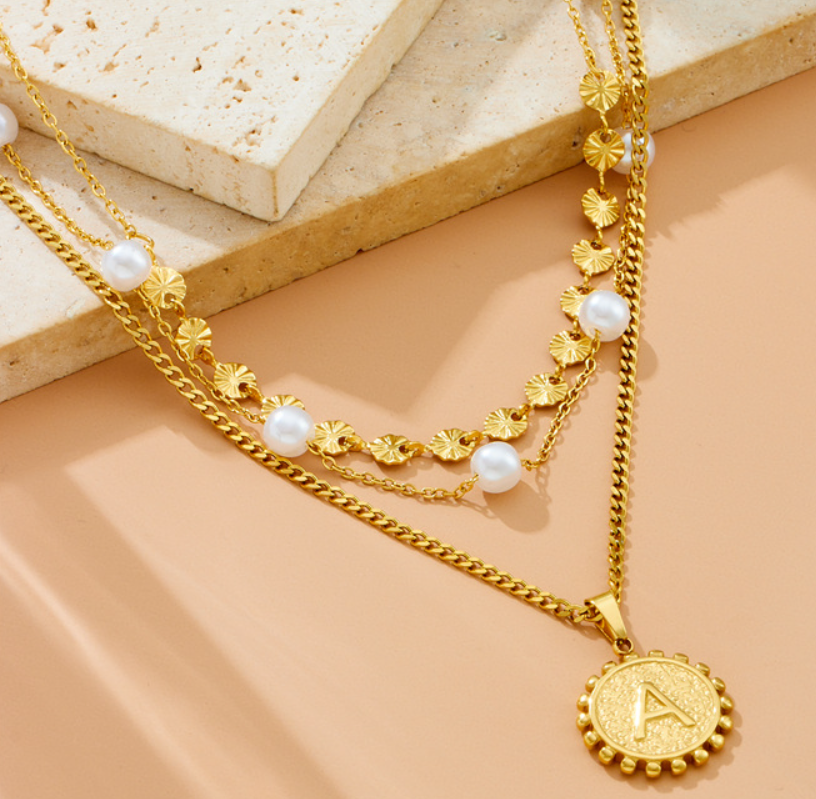 Three Layered Initial Pearl Necklace - Necklace - 18k Gold Plated Waterproof Jewellery - Collection 9