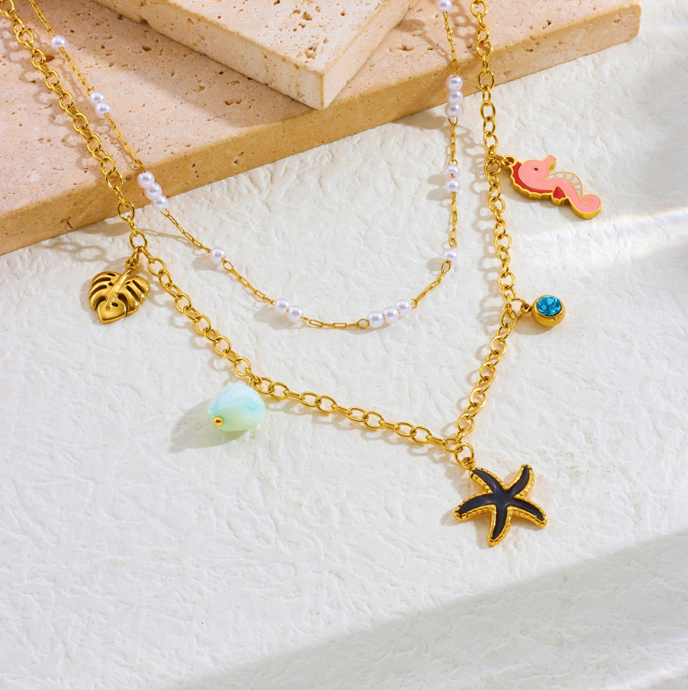 Ocean Starfish Flamingo Layered Charm Necklace - Necklace - 18k Gold Plated Waterproof Jewellery - Collection 9