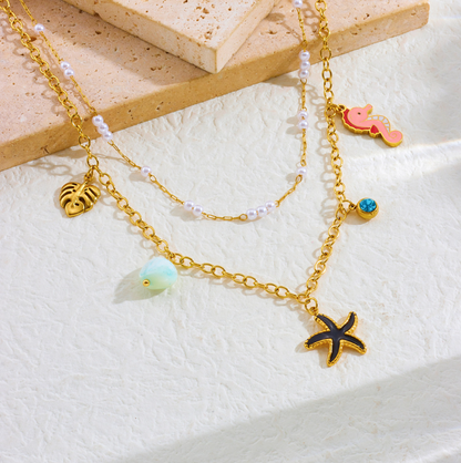 Ocean Starfish Flamingo Layered Charm Necklace - Necklace - 18k Gold Plated Waterproof Jewellery - Collection 9