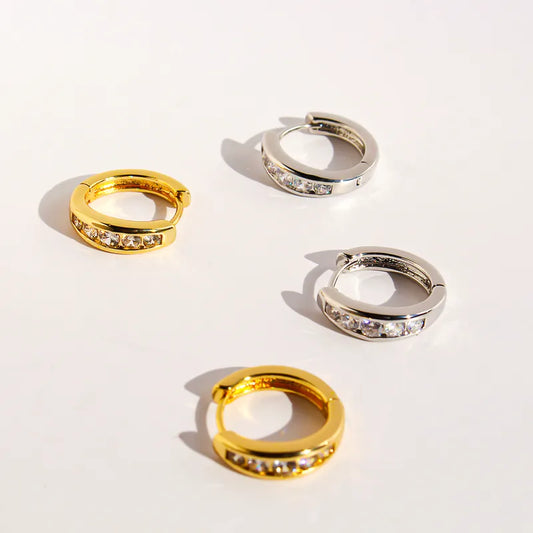 Gold Channel Set Crystal Huggie Earrings - - 18k Gold Plated Waterproof Jewellery - Collection 9
