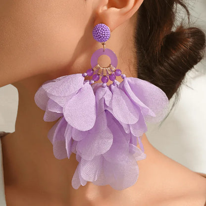 Chiffon Petal Bloom & Beaded Ring Drop Earrings - Drop Earrings - 18k Gold Plated Waterproof Jewellery - Collection 9
