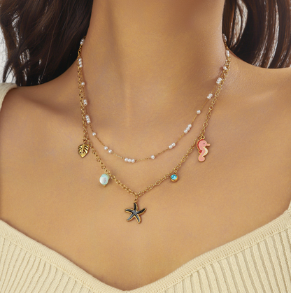 Ocean Starfish Flamingo Layered Charm Necklace - Necklace - 18k Gold Plated Waterproof Jewellery - Collection 9