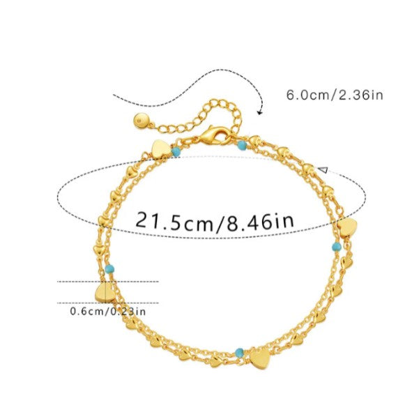 Gold Double Layer Heart Charm & Turquoise Bead Anklet - Anklets - 18k Gold Plated Waterproof Jewellery - Collection 9