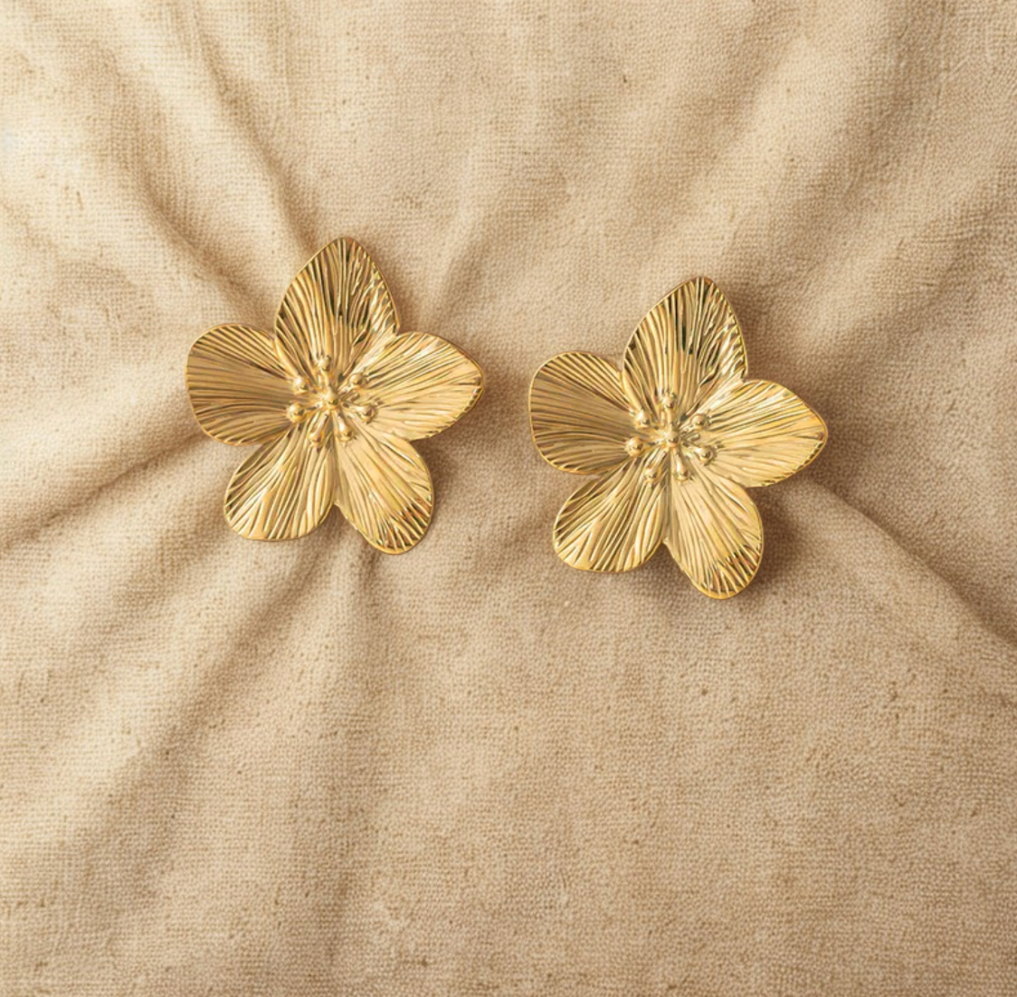 Gold Textured Flower Stud Earrings - Jewelry - 18k Gold Plated Waterproof Jewellery - Collection 9