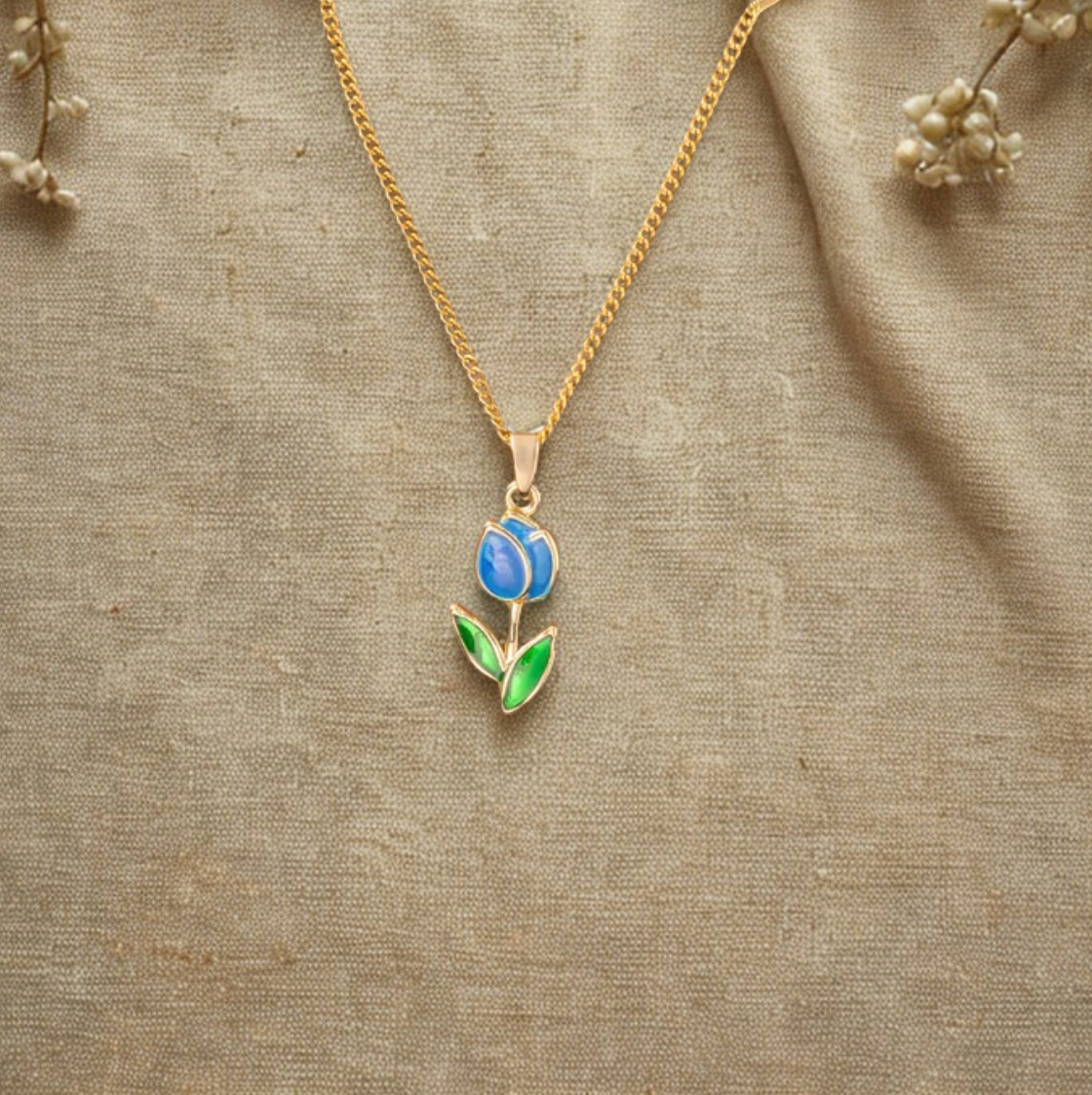 Gold Blue Tulip Flower Necklace - Jewelry - 18k Gold Plated Waterproof Jewellery - Collection 9