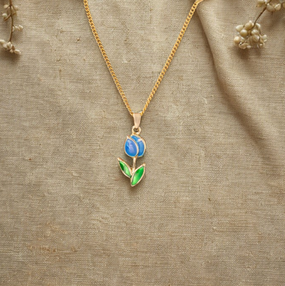 Gold Blue Tulip Flower Necklace - Jewelry - 18k Gold Plated Waterproof Jewellery - Collection 9