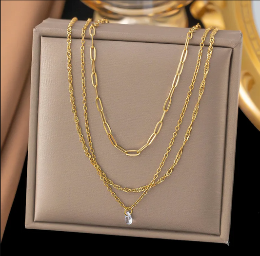 Gold Mixed Chain Crystal Drop Necklace Set - Jewelry - 18k Gold Plated Waterproof Jewellery - Collection 9
