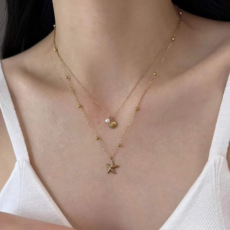 Gold Pearl Starfish Shell Layered Necklace - Jewelry - 18k Gold Plated Waterproof Jewellery - Collection 9