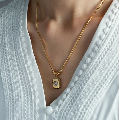 Gold Crystal Heart Rectangle Pendant Necklace - Jewelry - 18k Gold Plated Waterproof Jewellery - Collection 9