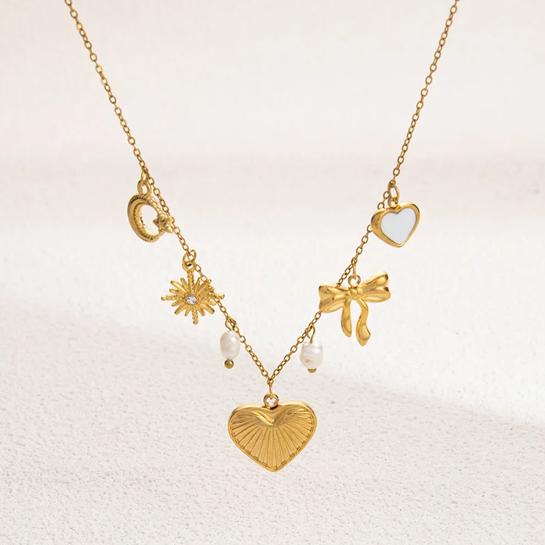 Gold Pearl Charm Heart Bow Necklace - Jewelry - 18k Gold Plated Waterproof Jewellery - Collection 9