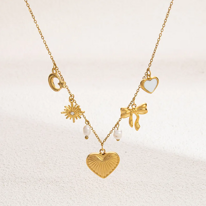 Gold Pearl Charm Heart Bow Necklace - Jewelry - 18k Gold Plated Waterproof Jewellery - Collection 9