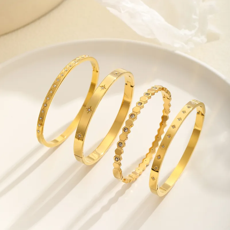 Gold Crystal Hexagon Bangle Bracelet - Jewelry - 18k Gold Plated Waterproof Jewellery - Collection 9