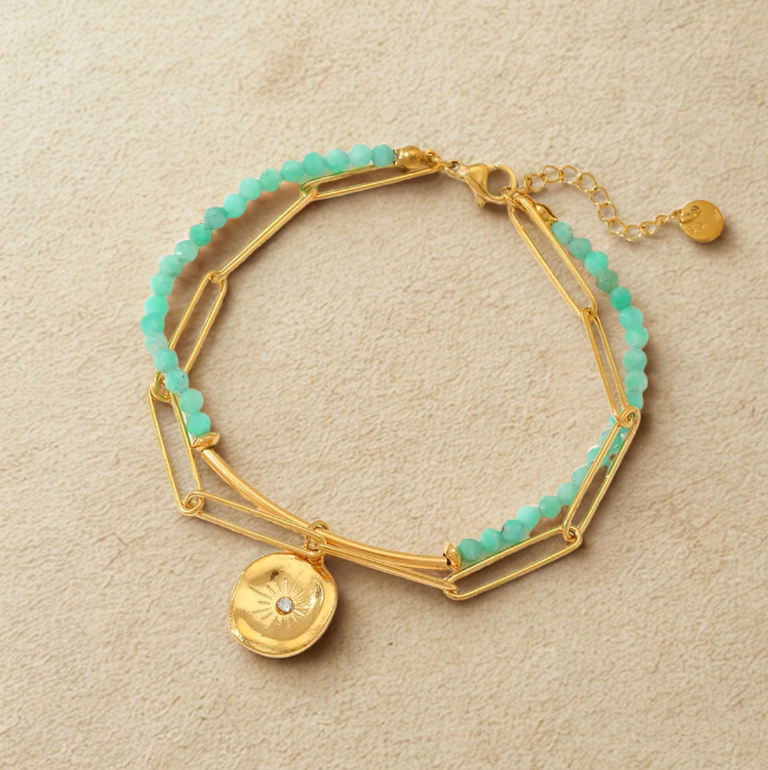 Gold Green Natural Stone Paperclip Bracelet - Jewelry - 18k Gold Plated Waterproof Jewellery - Collection 9