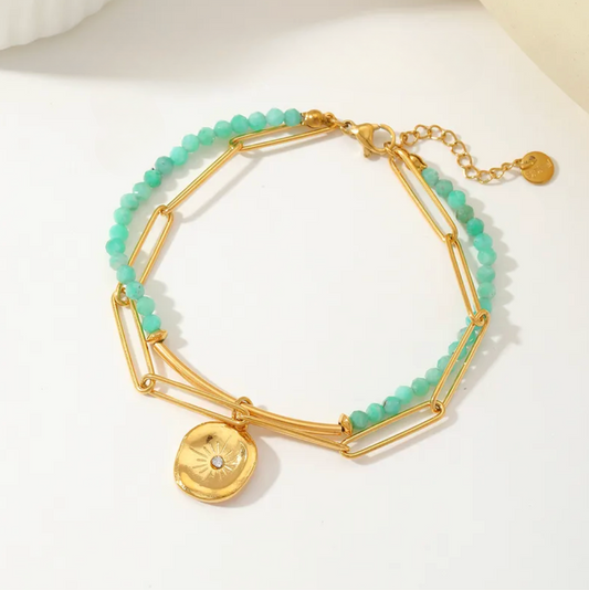 Gold Green Natural Stone Paperclip Bracelet - Jewelry - 18k Gold Plated Waterproof Jewellery - Collection 9