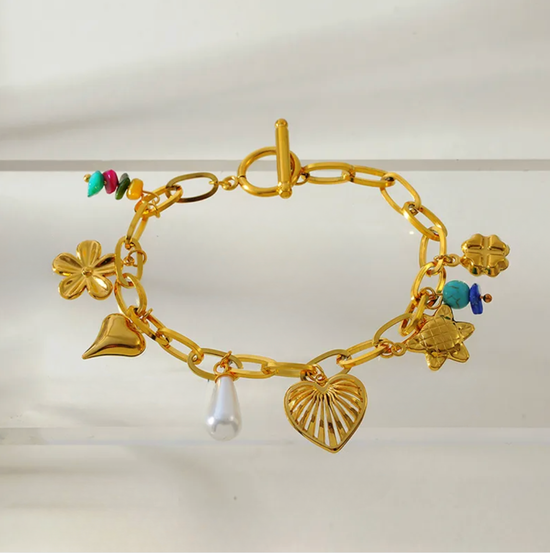 Gold Ocean Pearl Charm Toggle Bracelet - Jewelry - 18k Gold Plated Waterproof Jewellery - Collection 9