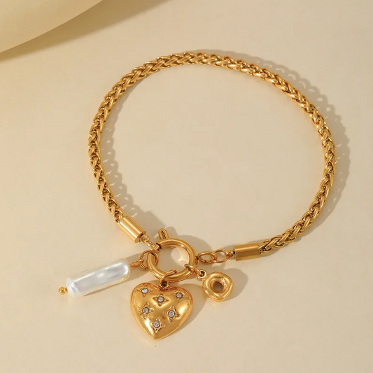 Gold Heart Pearl Charm Bracelet - Bracelet - 18k Gold Plated Waterproof Jewellery - Collection 9