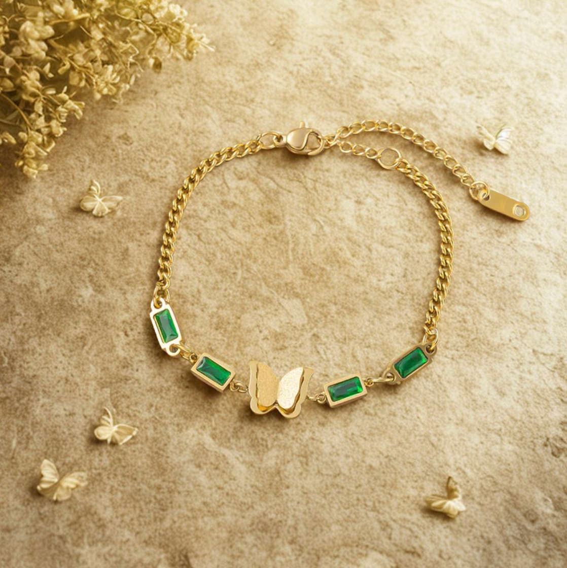 Gold Emerald Butterfly Bracelet - Bracelet - 18k Gold Plated Waterproof Jewellery - Collection 9