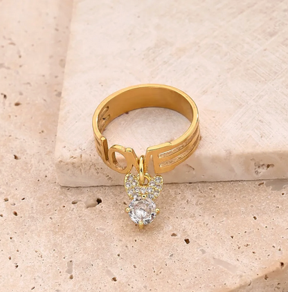Gold Crystal Heart Charm Ring - Jewelry - 18k Gold Plated Waterproof Jewellery - Collection 9
