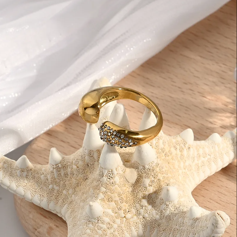 Gold Crystal Pave Dome Adjustable Ring - Jewelry - 18k Gold Plated Waterproof Jewellery - Collection 9