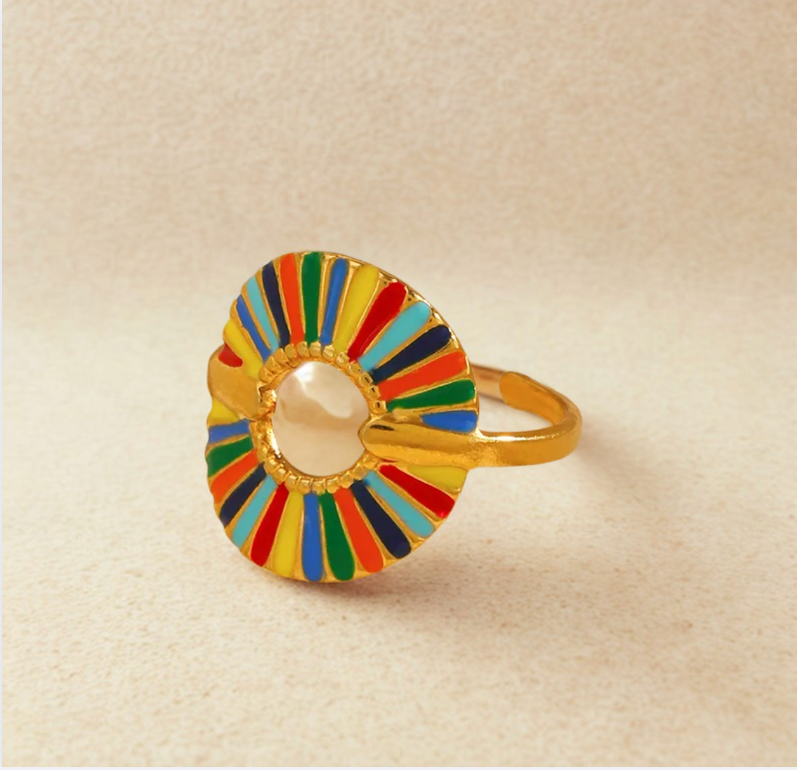 Gold Rainbow Enamel Sunburst Adjustable Ring - Jewelry - 18k Gold Plated Waterproof Jewellery - Collection 9