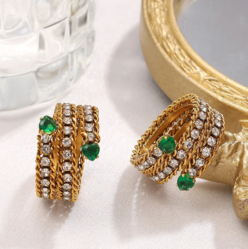 Gold Green Crystal Chain Link Multi-Band Ring - Jewelry - 18k Gold Plated Waterproof Jewellery - Collection 9