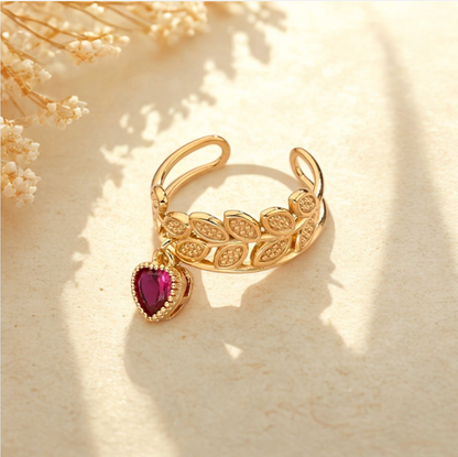 Gold Purple Crystal Heart Leaf Band Ring - Jewelry - 18k Gold Plated Waterproof Jewellery - Collection 9