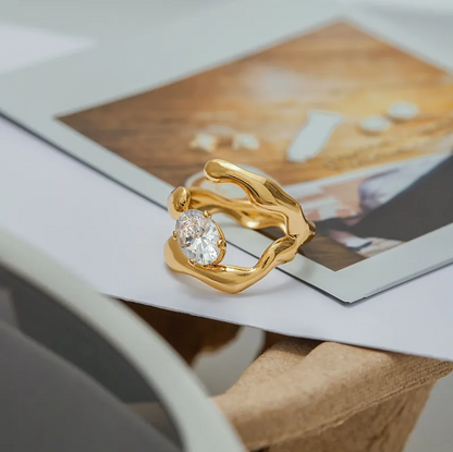 Gold Crystal Organic Open Ring - Jewelry - 18k Gold Plated Waterproof Jewellery - Collection 9