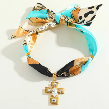 Turquoise Cross Charm Scarf Necklace - Jewelry - 18k Gold Plated Waterproof Jewellery - Collection 9