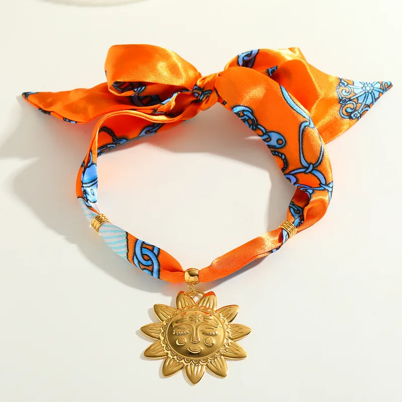 Orange Sun Face Charm Scarf Necklace - Jewelry - 18k Gold Plated Waterproof Jewellery - Collection 9
